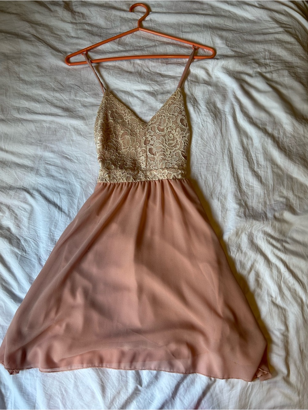 Lace-Bodice Spaghetti Strap Midi Dress in Blush
